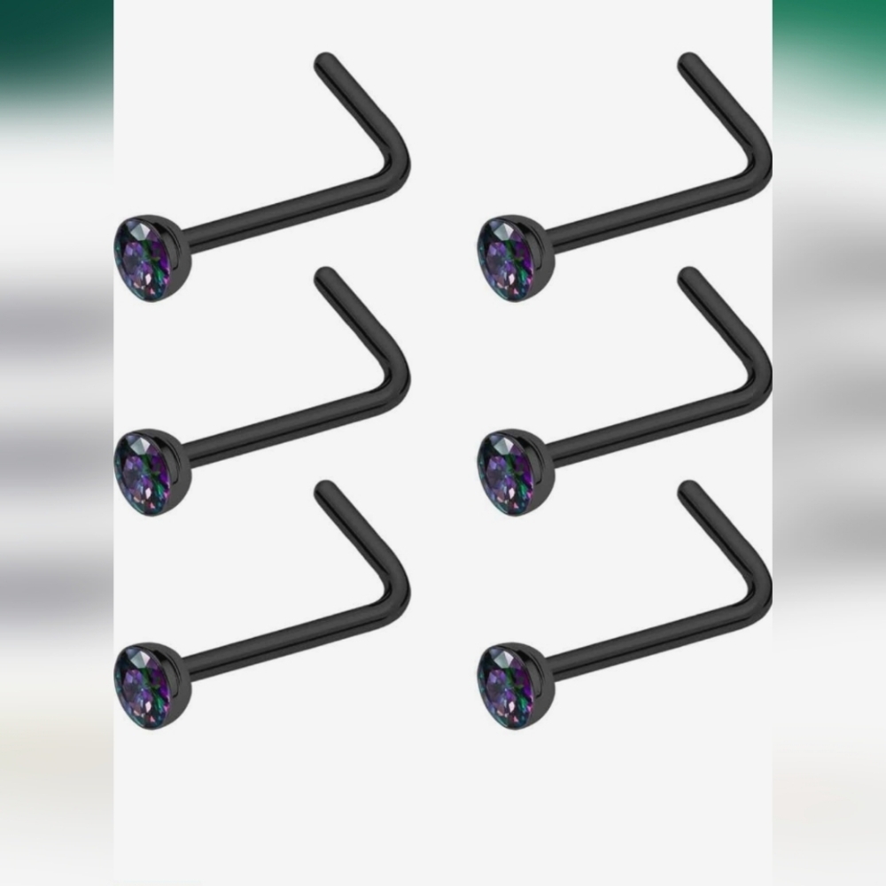 Black Stainless Steel Nose Rings with Black Crystal Accent. 20G